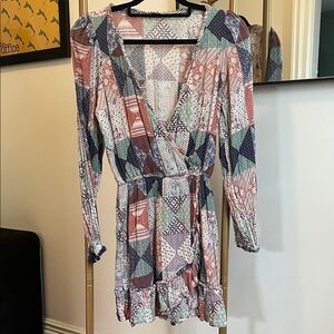 American Eagle Outfitters Patchwork Print Mini Dress in Rust, Navy, Mint, Cream